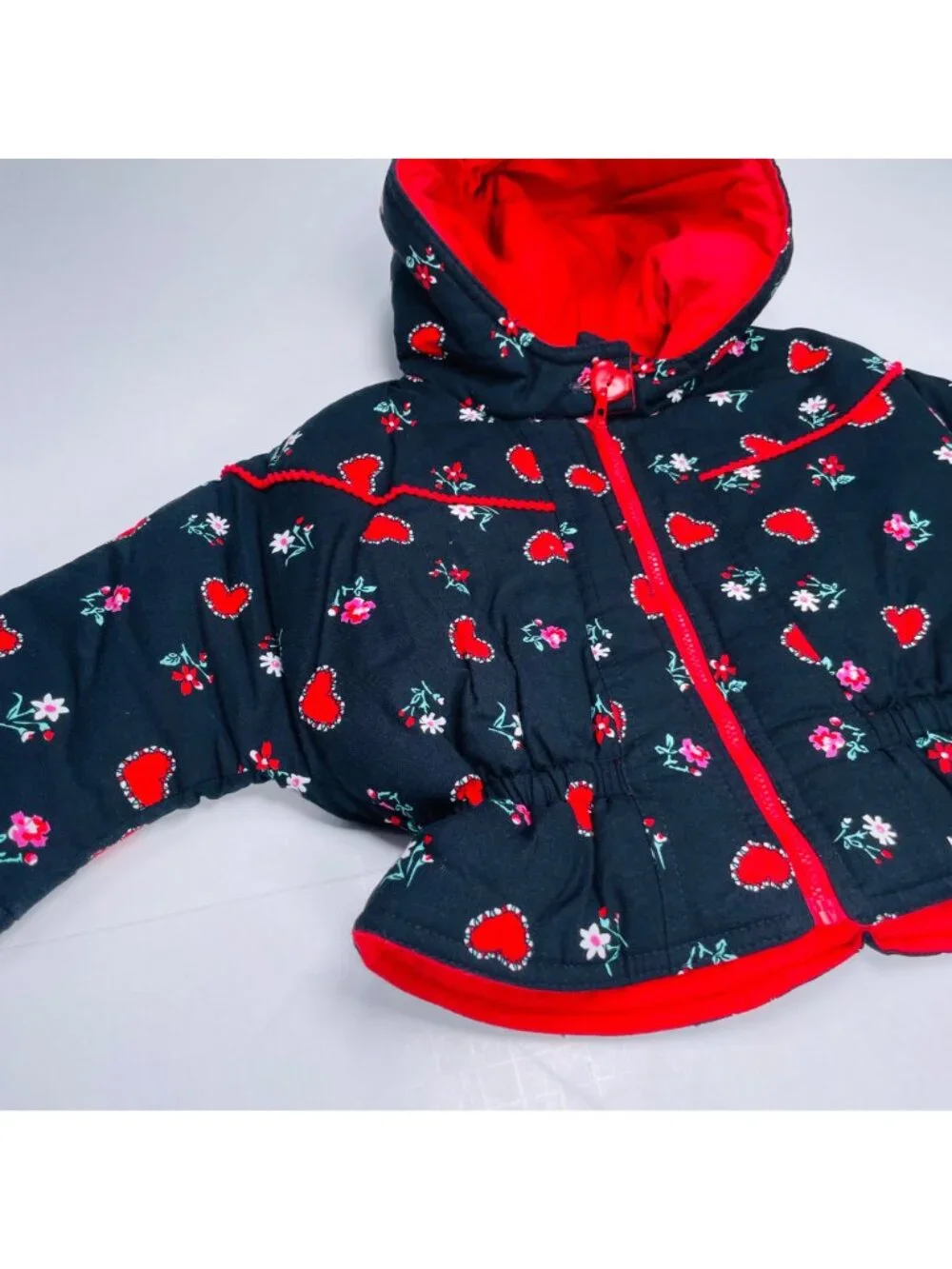Vintage Baby Girls Black + Red Heart + Floral Print Winter Puffer Coat 12m